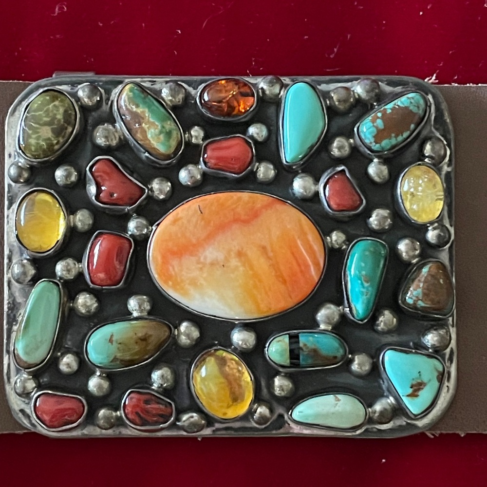 Spectacular Sterling Silver Concho Belt full of Turquoise, Coral, Amber and more - Picture 4 of 12